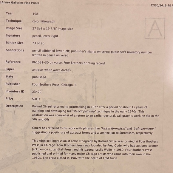 Roland Ginzel Lithograph "Untitled" TRUST 2 of 5 - 1981 - Picture 11 of 12